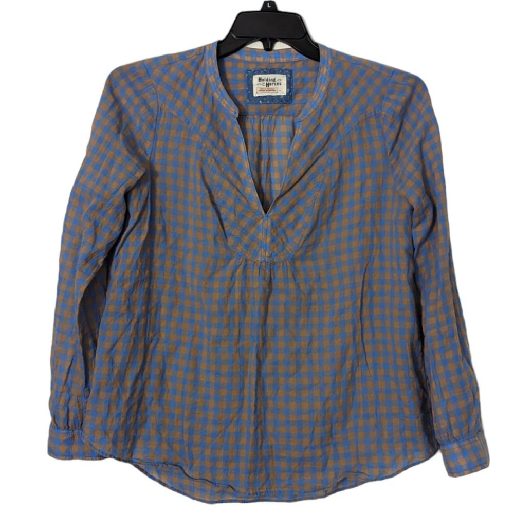 Women's Holding Horses long sleeve plaid blouse, blue/tan, size 4